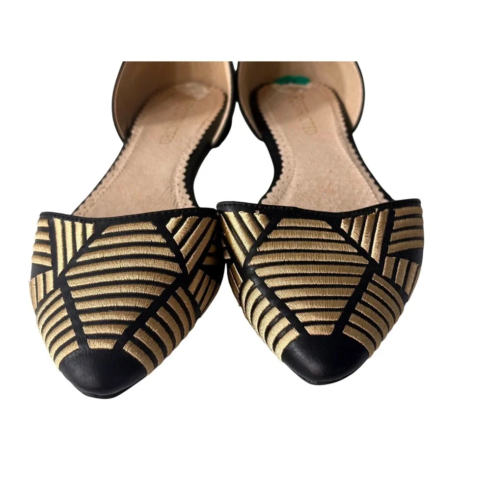Restricted Womens Black Gold Geometric Embroidered Pointed Toe dOrsay Flats Sz 8